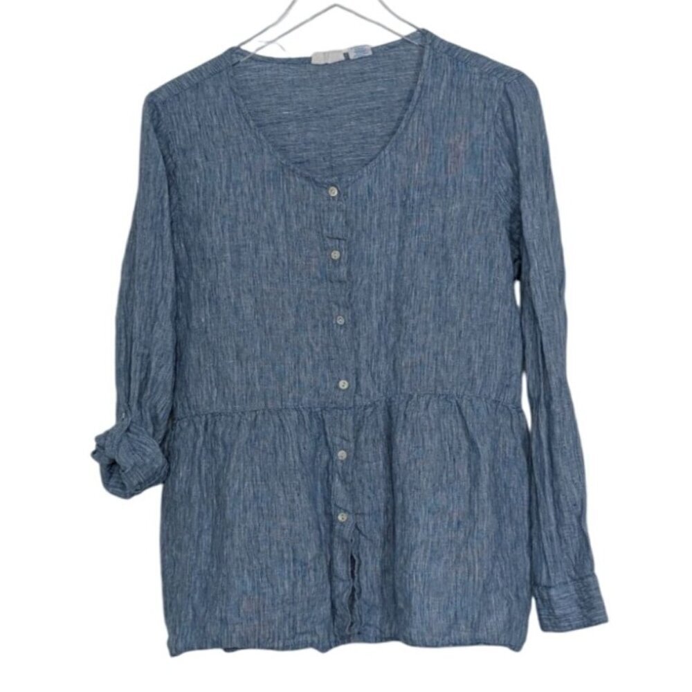 Sigrid Olsen 100% Linen Peplum Shirt Womens Size Medium Blue Long Sleeve Coastal